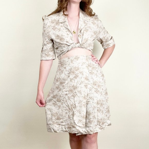 Vintage Two Piece Linen Matching Midi Skirt Set Floral Blouse Top Coastal Boho - Picture 3 of 6